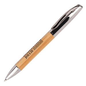A quality twist action ball pen comprised of a bamboo barrel with attractive metal trims, which adds a substantial and weighty feel to the product.