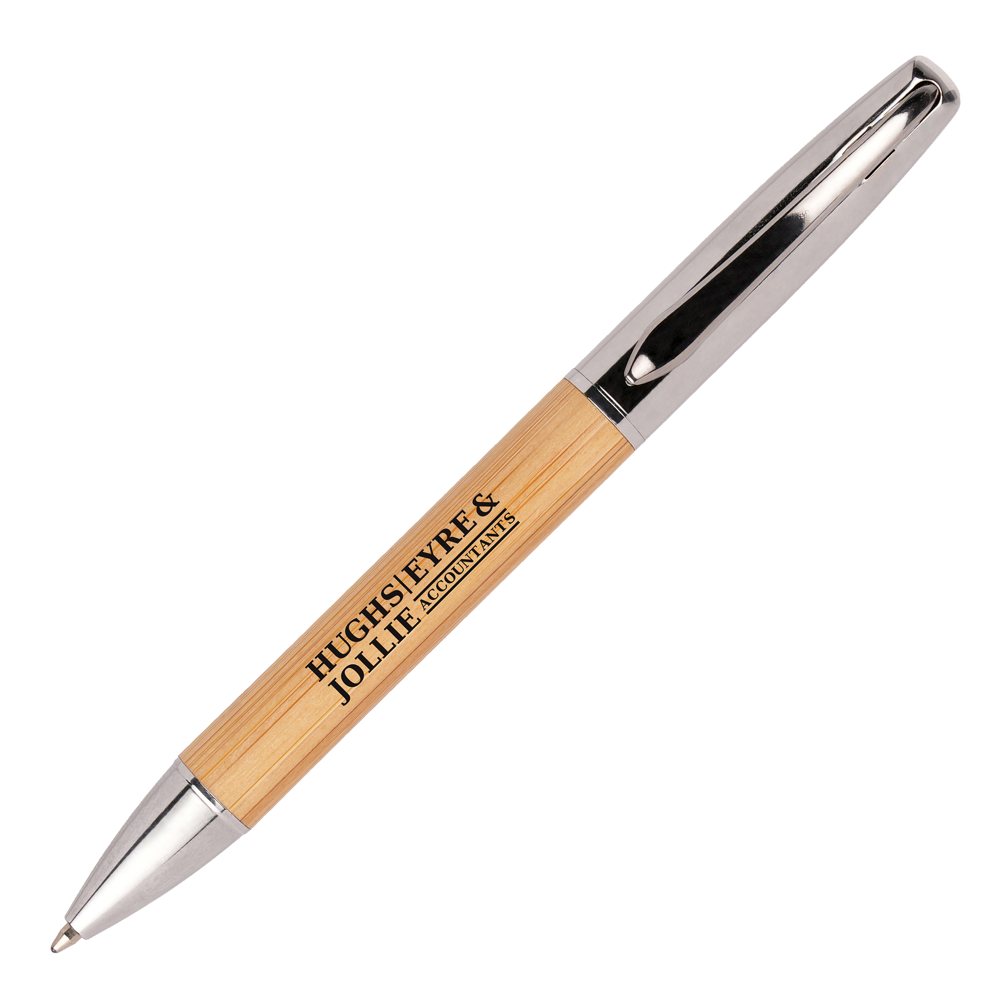 A quality twist action ball pen comprised of a bamboo barrel with attractive metal trims, which adds a substantial and weighty feel to the product.