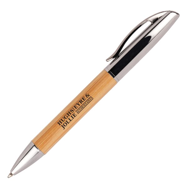 A quality twist action ball pen comprised of a bamboo barrel with attractive metal trims, which adds a substantial and weighty feel to the product.