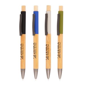 A stylish push action ball pen featuring a bamboo barrel with a soft feel aluminium upper barrel, made from a sustainable source