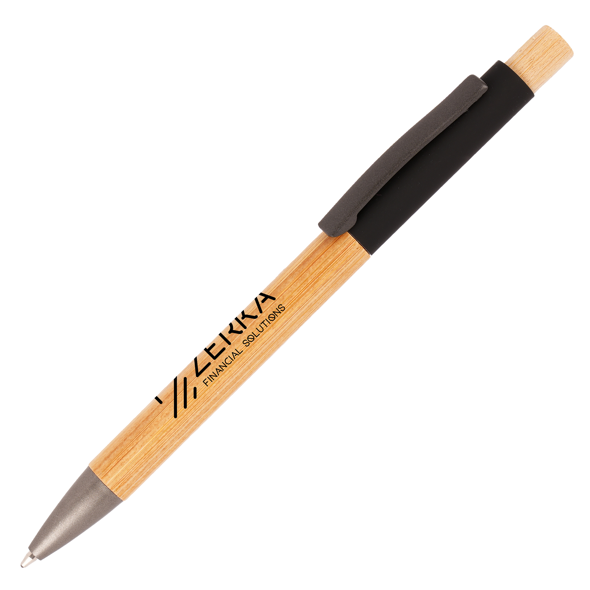 A stylish push action ball pen featuring a bamboo barrel with a soft feel aluminium upper barrel, made from a sustainable source