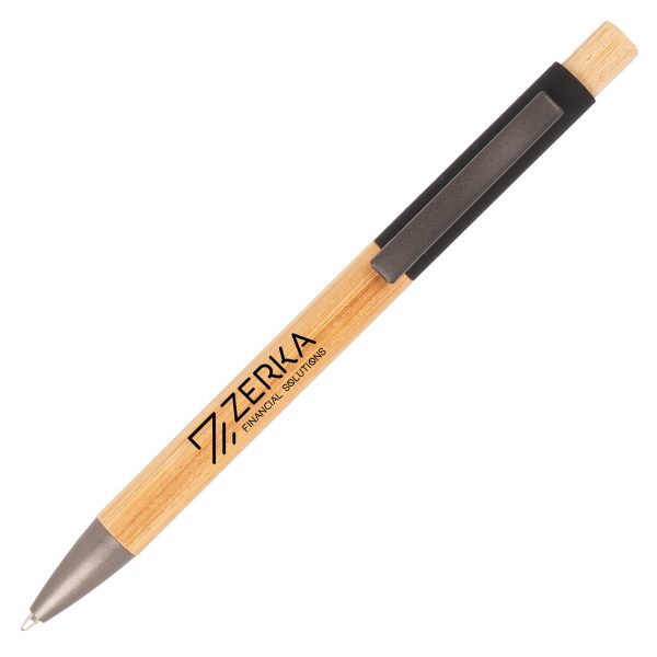 A stylish push action ball pen featuring a bamboo barrel with a soft feel aluminium upper barrel, made from a sustainable source