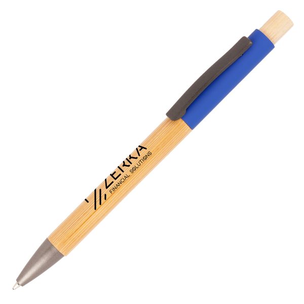 A stylish push action ball pen featuring a bamboo barrel with a soft feel aluminium upper barrel, made from a sustainable source