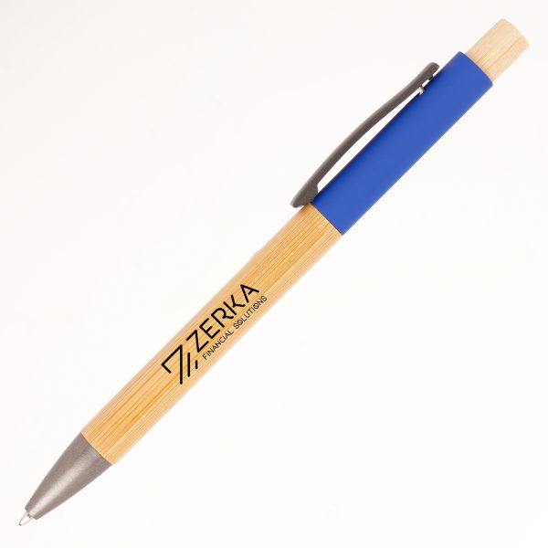 A stylish push action ball pen featuring a bamboo barrel with a soft feel aluminium upper barrel, made from a sustainable source