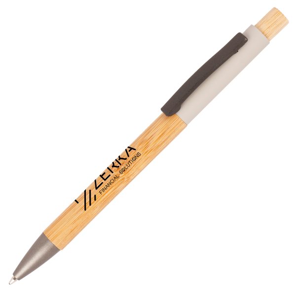 A stylish push action ball pen featuring a bamboo barrel with a soft feel aluminium upper barrel, made from a sustainable source