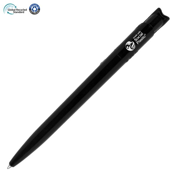 An attractive push action ball pen made from 100% ethically sourced recycled materials, with a traceable footprint. For every two pens purchased, an entire plastic bottle is prevented from entering the ocean. The Recycool is produced in Europe to maintain a lower carbon footprint. Imprinted with ‘Made with Social Plastic’ on the upper barrel of the pen, opposite the clip. This product also includes a European jumbo refill that has a writing length of 2500m.