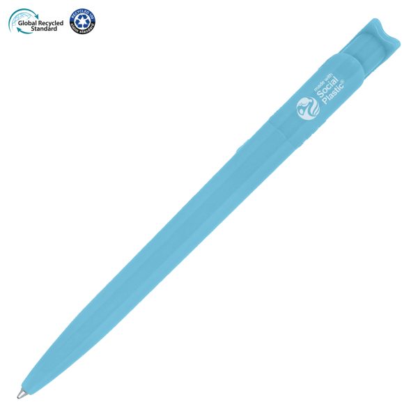 An attractive push action ball pen made from 100% ethically sourced recycled materials, with a traceable footprint. For every two pens purchased, an entire plastic bottle is prevented from entering the ocean. The Recycool is produced in Europe to maintain a lower carbon footprint. Imprinted with ‘Made with Social Plastic’ on the upper barrel of the pen, opposite the clip. This product also includes a European jumbo refill that has a writing length of 2500m.