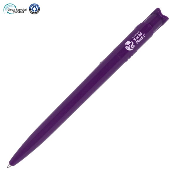 An attractive push action ball pen made from 100% ethically sourced recycled materials, with a traceable footprint. For every two pens purchased, an entire plastic bottle is prevented from entering the ocean. The Recycool is produced in Europe to maintain a lower carbon footprint. Imprinted with ‘Made with Social Plastic’ on the upper barrel of the pen, opposite the clip. This product also includes a European jumbo refill that has a writing length of 2500m.