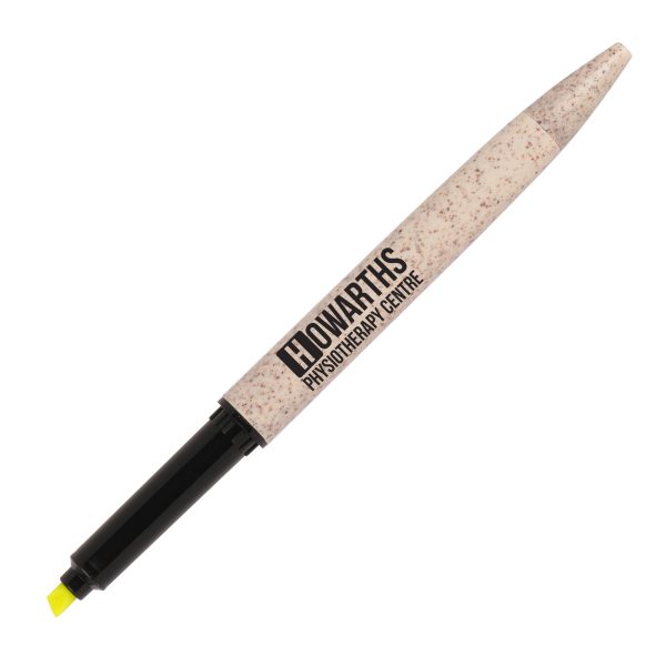 A 2-in-1 twist action ball pen and highlighter made from ABS plastic and sustainable wheat straw plastic.