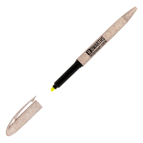 A 2-in-1 twist action ball pen and highlighter made from ABS plastic and sustainable wheat straw plastic.