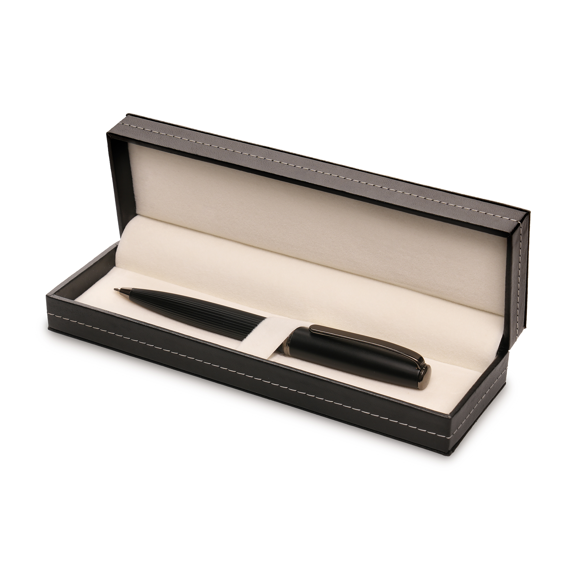 Elevate your gift-giving with the Stitch single gift box. This premium hinged lid box features exquisite stitch detailing and a plush velvet interior, perfect for your prestige pens.