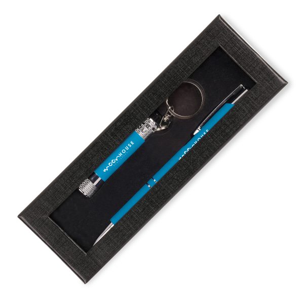 The Lumi soft feel 3 LED torch and Aladdin soft feel ball pen supplied in a purpose made gift box with a foam insert and a window. All items to be supplied as a whole set.