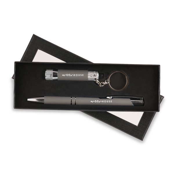 The Lumi soft feel 3 LED torch and Aladdin soft feel ball pen supplied in a purpose made gift box with a foam insert and a window. All items to be supplied as a whole set.