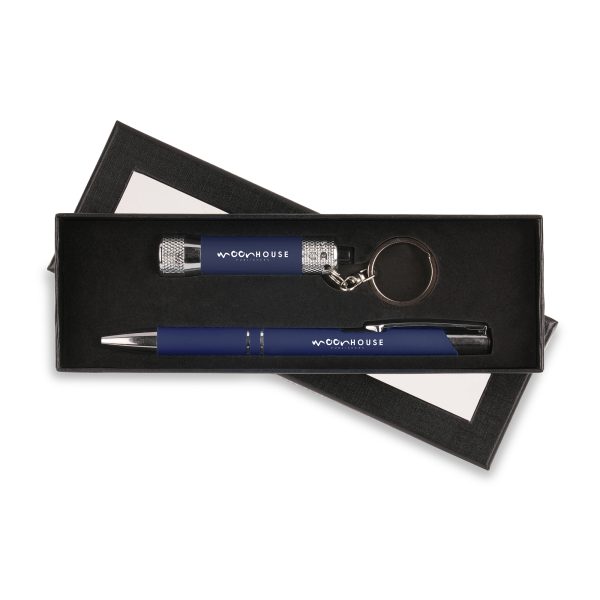 The Lumi soft feel 3 LED torch and Aladdin soft feel ball pen supplied in a purpose made gift box with a foam insert and a window. All items to be supplied as a whole set.