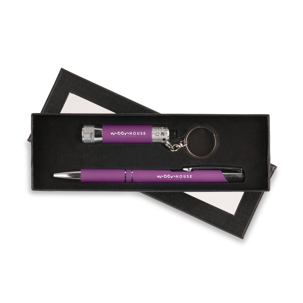 The Lumi soft feel 3 LED torch and Aladdin soft feel ball pen supplied in a purpose made gift box with a foam insert and a window. All items to be supplied as a whole set.