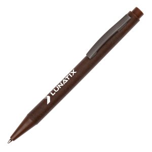 A push action ball pen with stainless steel clip made from 40% coffee grind waste, reducing the use of plastic. Includes pre-printed message