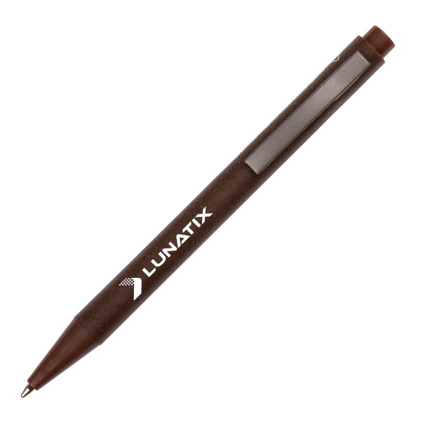 A push action ball pen with stainless steel clip made from 40% coffee grind waste, reducing the use of plastic. Includes pre-printed message