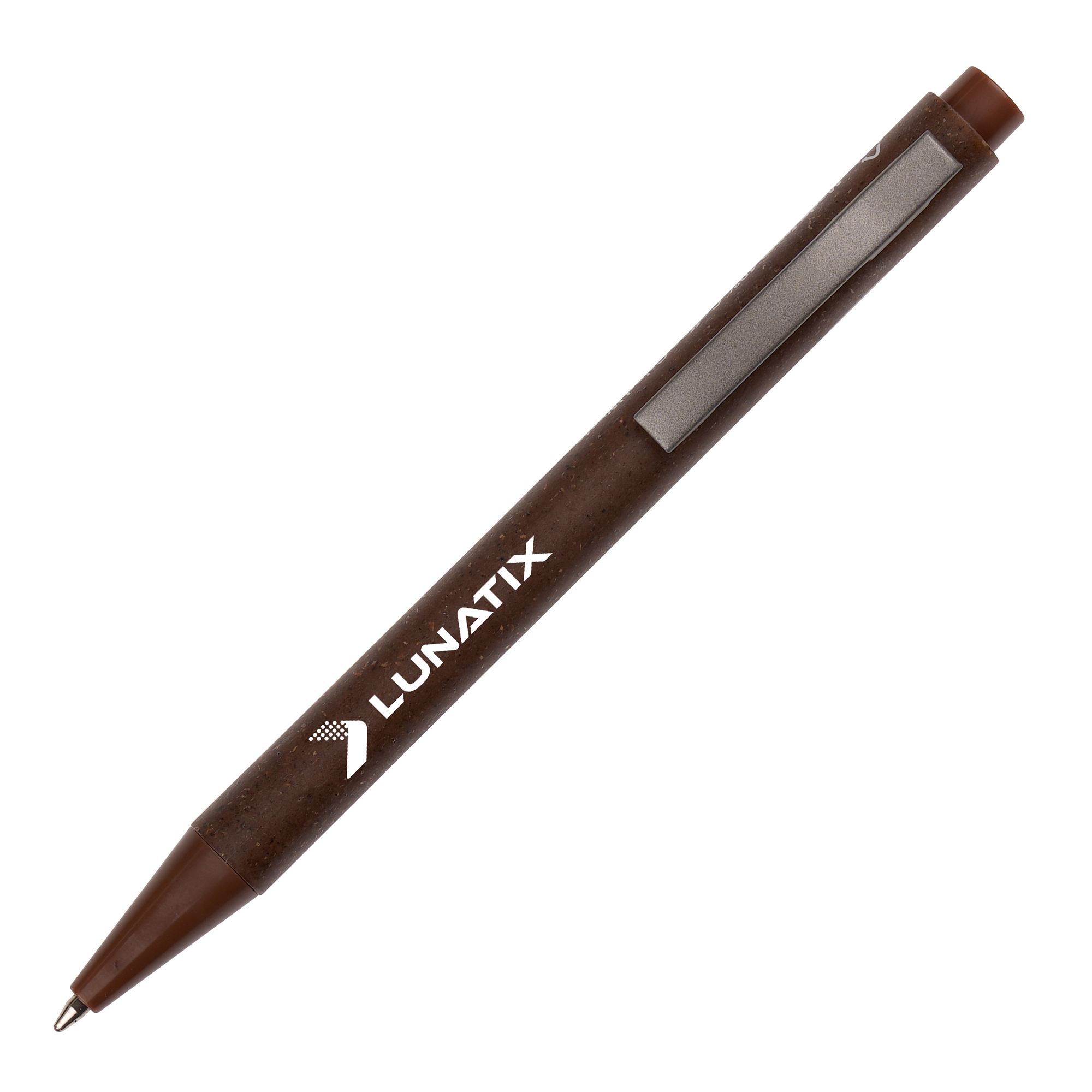 A push action ball pen with stainless steel clip made from 40% coffee grind waste, reducing the use of plastic. Includes pre-printed message