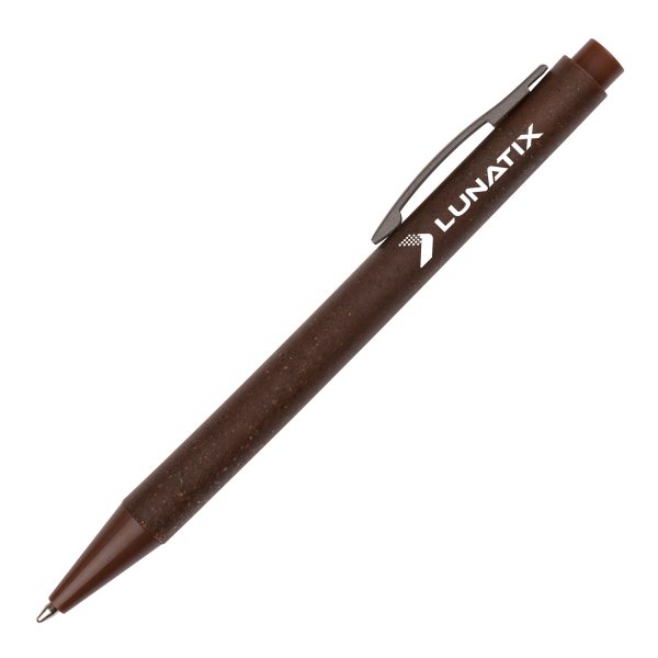 A push action ball pen with stainless steel clip made from 40% coffee grind waste, reducing the use of plastic. Includes pre-printed message