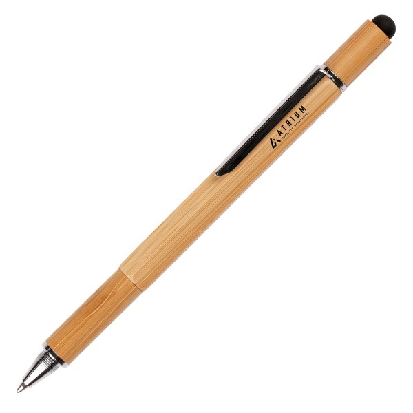 The hexagonal 6-in-1 eco-friendly bamboo multi-functional ball pen is a versatile tool that will redefine your everyday life. Equipped with a metal clip, metal tip, soft stylus,'slot' screwdriver,'Phillips' screwdriver, cm/inch rule and a spirit level, this pen is an all-in-one wonder.