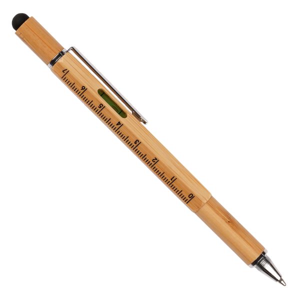 The hexagonal 6-in-1 eco-friendly bamboo multi-functional ball pen is a versatile tool that will redefine your everyday life. Equipped with a metal clip, metal tip, soft stylus,'slot' screwdriver,'Phillips' screwdriver, cm/inch rule and a spirit level, this pen is an all-in-one wonder.