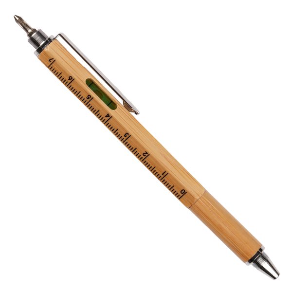 The hexagonal 6-in-1 eco-friendly bamboo multi-functional ball pen is a versatile tool that will redefine your everyday life. Equipped with a metal clip, metal tip, soft stylus,'slot' screwdriver,'Phillips' screwdriver, cm/inch rule and a spirit level, this pen is an all-in-one wonder.