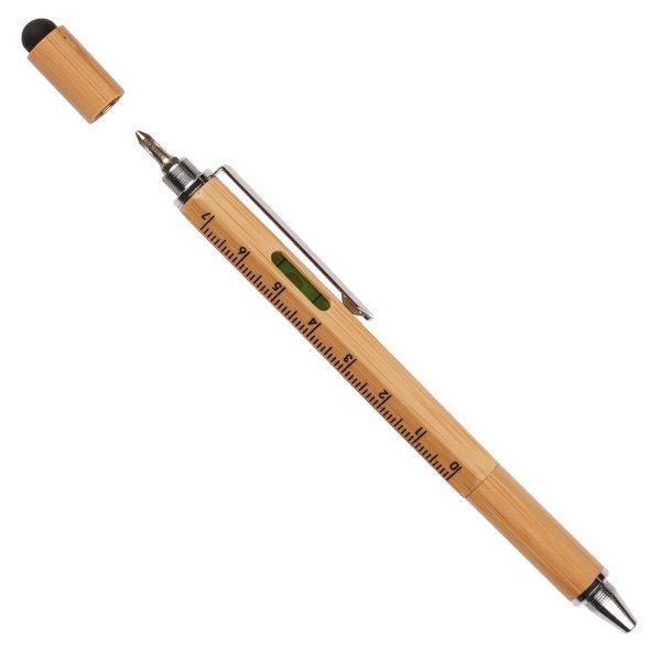 The hexagonal 6-in-1 eco-friendly bamboo multi-functional ball pen is a versatile tool that will redefine your everyday life. Equipped with a metal clip, metal tip, soft stylus,'slot' screwdriver,'Phillips' screwdriver, cm/inch rule and a spirit level, this pen is an all-in-one wonder.