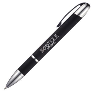 An elegant and modern ball pen in soft feel black finish. Hinged clip and undercoated chrome for a mirror chrome finish when engraved.