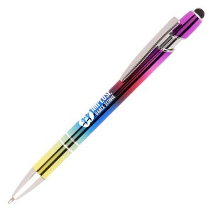 The rainbow version of a much loved best seller! This push action ball pen has a modern design with a useful stylus top. The vibrant rainbow effect produces an eye catching product. Due to the finish marking is engraving only.