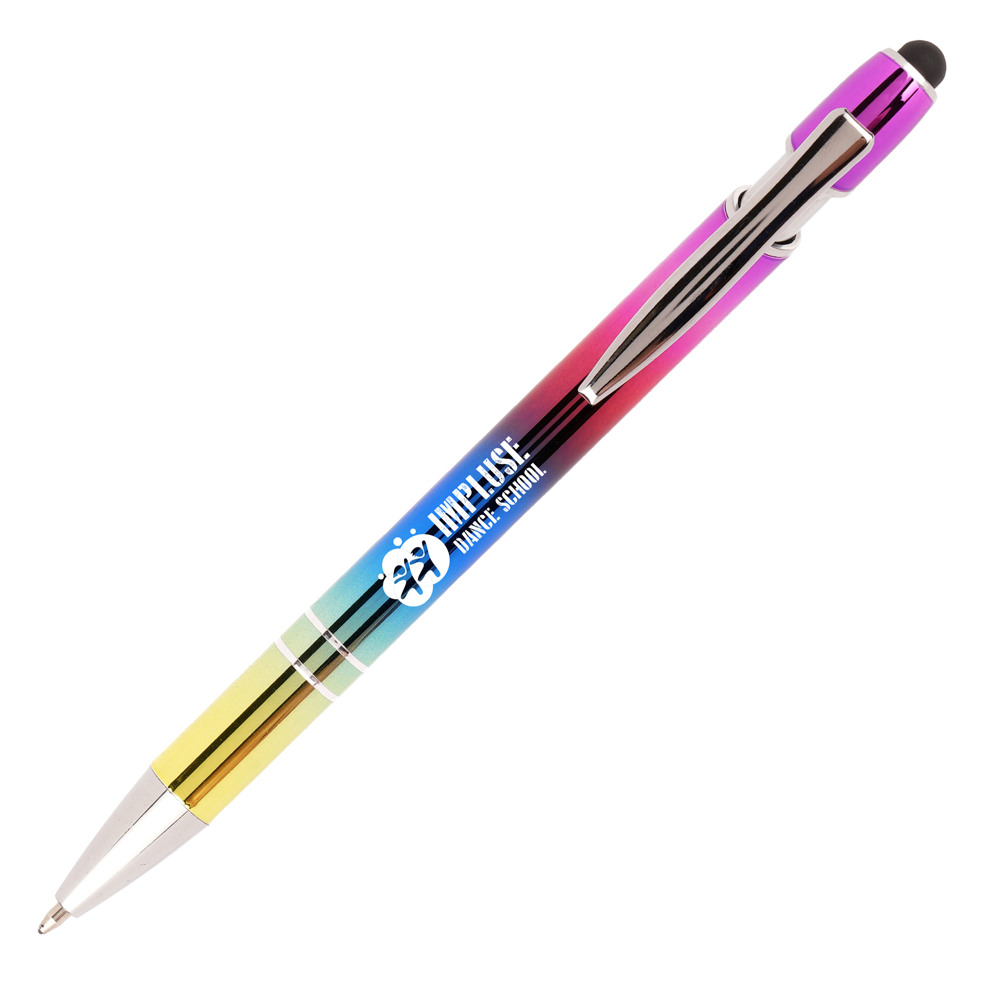 The rainbow version of a much loved best seller! This push action ball pen has a modern design with a useful stylus top. The vibrant rainbow effect produces an eye catching product. Due to the finish marking is engraving only.