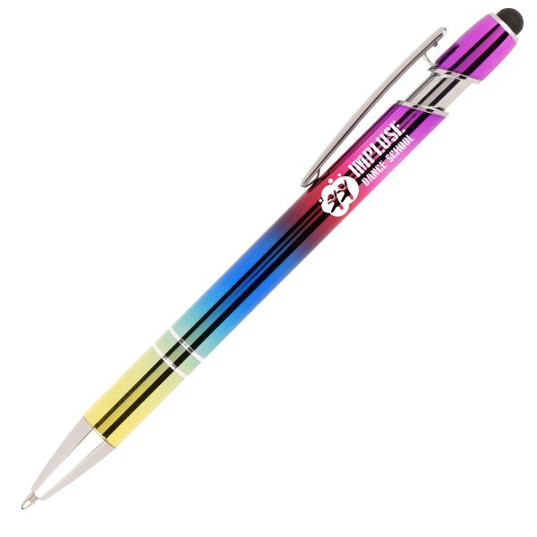 The rainbow version of a much loved best seller! This push action ball pen has a modern design with a useful stylus top. The vibrant rainbow effect produces an eye catching product. Due to the finish marking is engraving only.