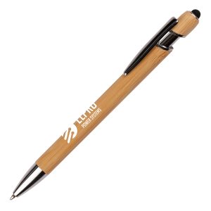 The promotional bamboo ball pen with silicone stylus, iron clip and ABS plastic trim is a stylish and versatile writing tool with added eco credentials
