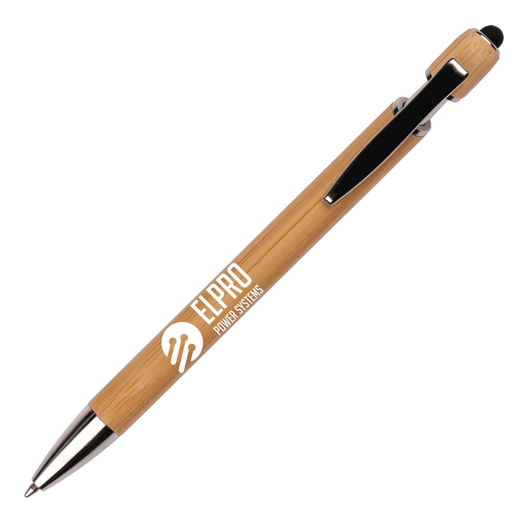 The promotional bamboo ball pen with silicone stylus, iron clip and ABS plastic trim is a stylish and versatile writing tool with added eco credentials