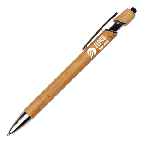 The promotional bamboo ball pen with silicone stylus, iron clip and ABS plastic trim is a stylish and versatile writing tool with added eco credentials