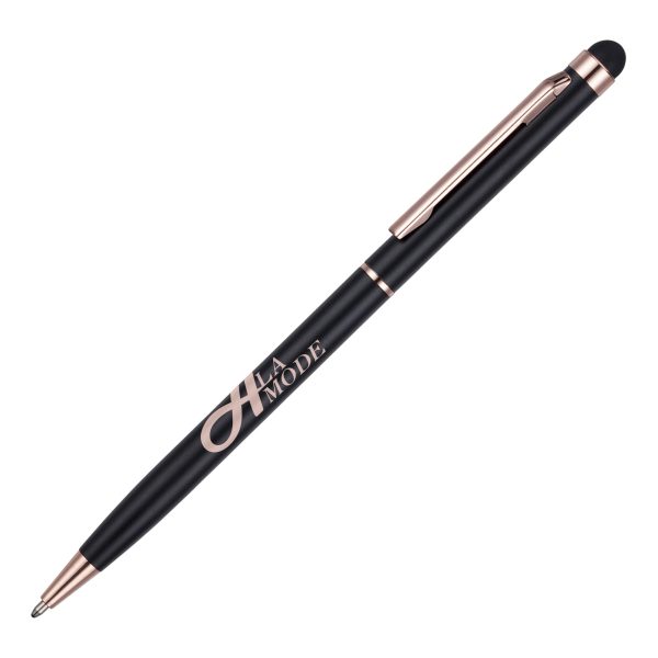 An elegant, slim twist action ball pen with a soft stylus at one end for use on all those soft touch devices. The on trend rose gold trim can be partnered with our specially formulated rose gold print for a truly beautiful finish!