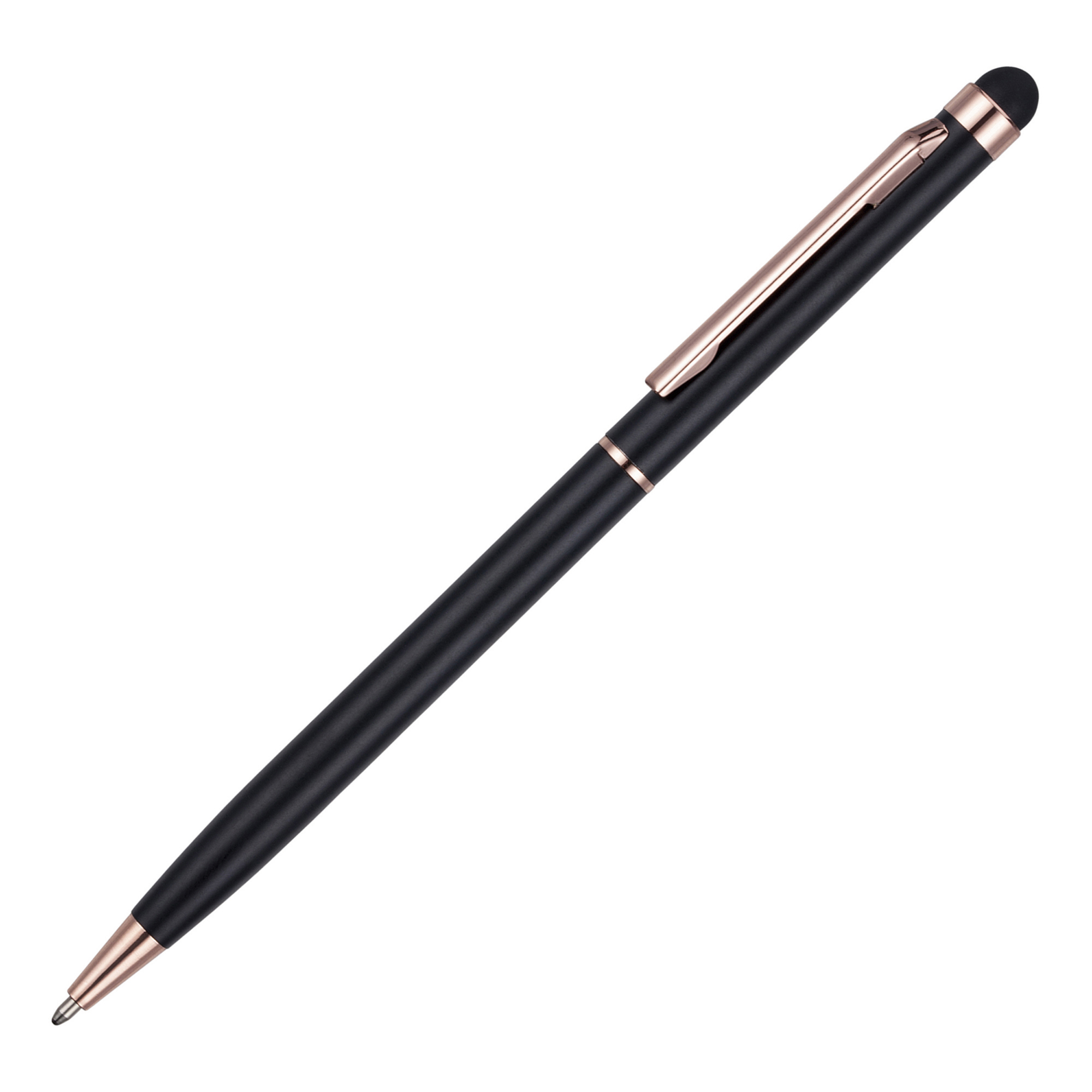 An elegant, slim twist action ball pen with a soft stylus at one end for use on all those soft touch devices. The on trend rose gold trim can be partnered with our specially formulated rose gold print for a truly beautiful finish!