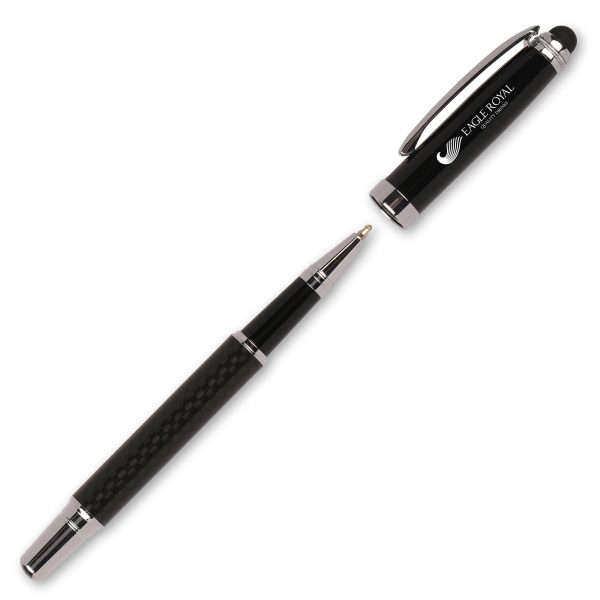 A high quality rollerball pen with a high grade carbon fibre barrel. Features a stylus that is perfect for using on touch screen devices. The barrel can be printed, whilst the cap can be engraved to show a mirror-chrome finish