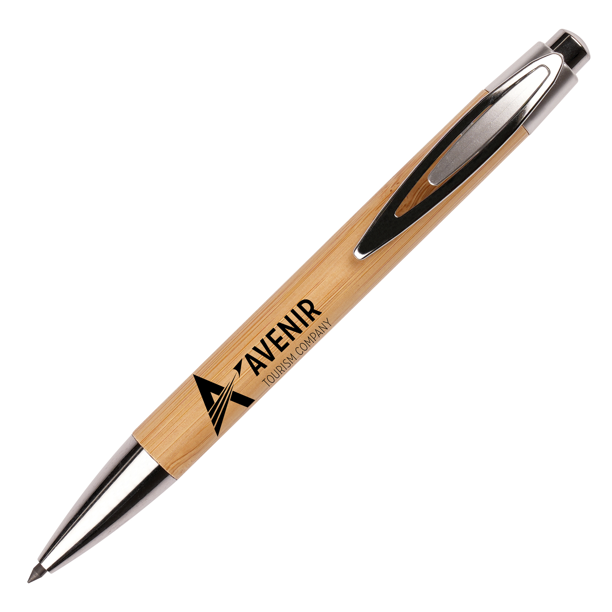 An eco-friendly bamboo eternity pencil with bamboo barrel, metal clip and attractive chrome trim. The pencil is made from 99% graphite and has microscopic reduction for eternal use without wearing down.