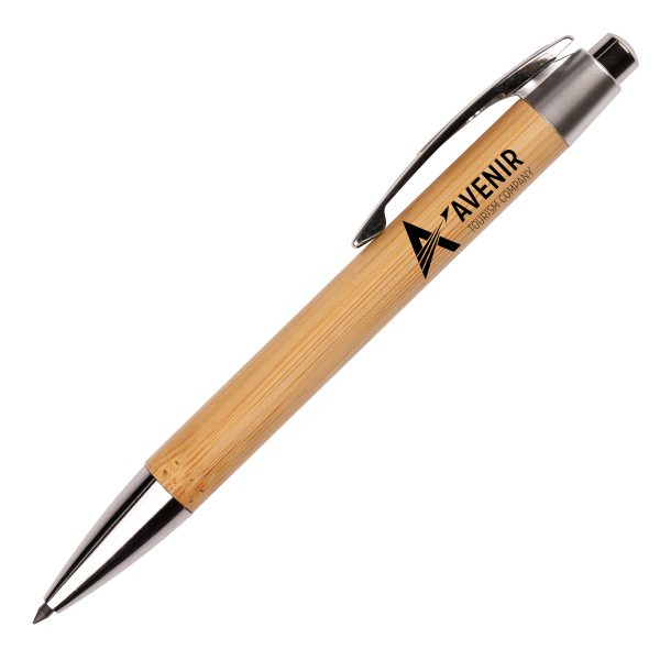 An eco-friendly bamboo eternity pencil with bamboo barrel, metal clip and attractive chrome trim. The pencil is made from 99% graphite and has microscopic reduction for eternal use without wearing down.