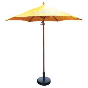 Large six panelled parasol with Heavy duty wooden stem and ribs with pull cord opening. Cover material made from recycled material. Round wooden parasol with canopy made from recycled plastics. Dye sublimated print as standard
