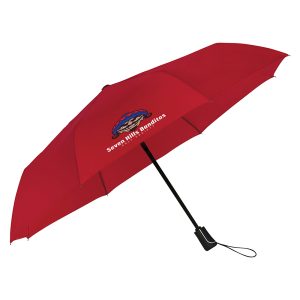 A folding windproof umbrella with auto open and close, 3-sections, black metal shaft and black fiberglass frame, black handle, a case and a space at the bottom to add your own doming.