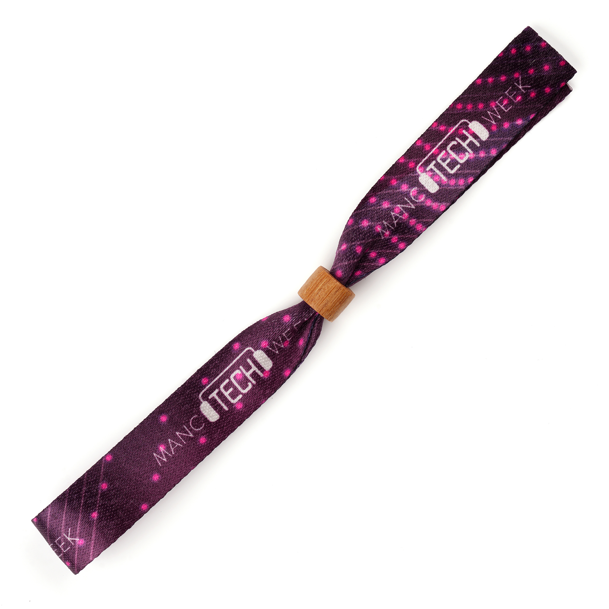 RPET 20mm wristband with adjustable wooden closing clip and full colour dye sublimation to one or both sides.