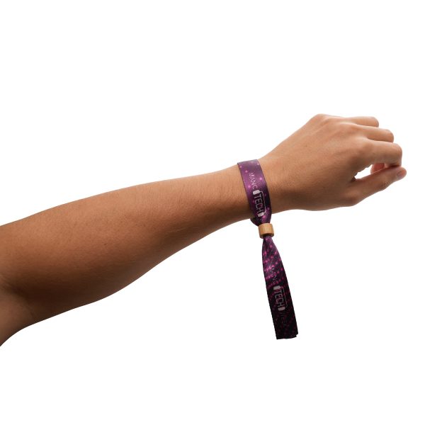 RPET 20mm wristband with adjustable wooden closing clip and full colour dye sublimation to one or both sides.