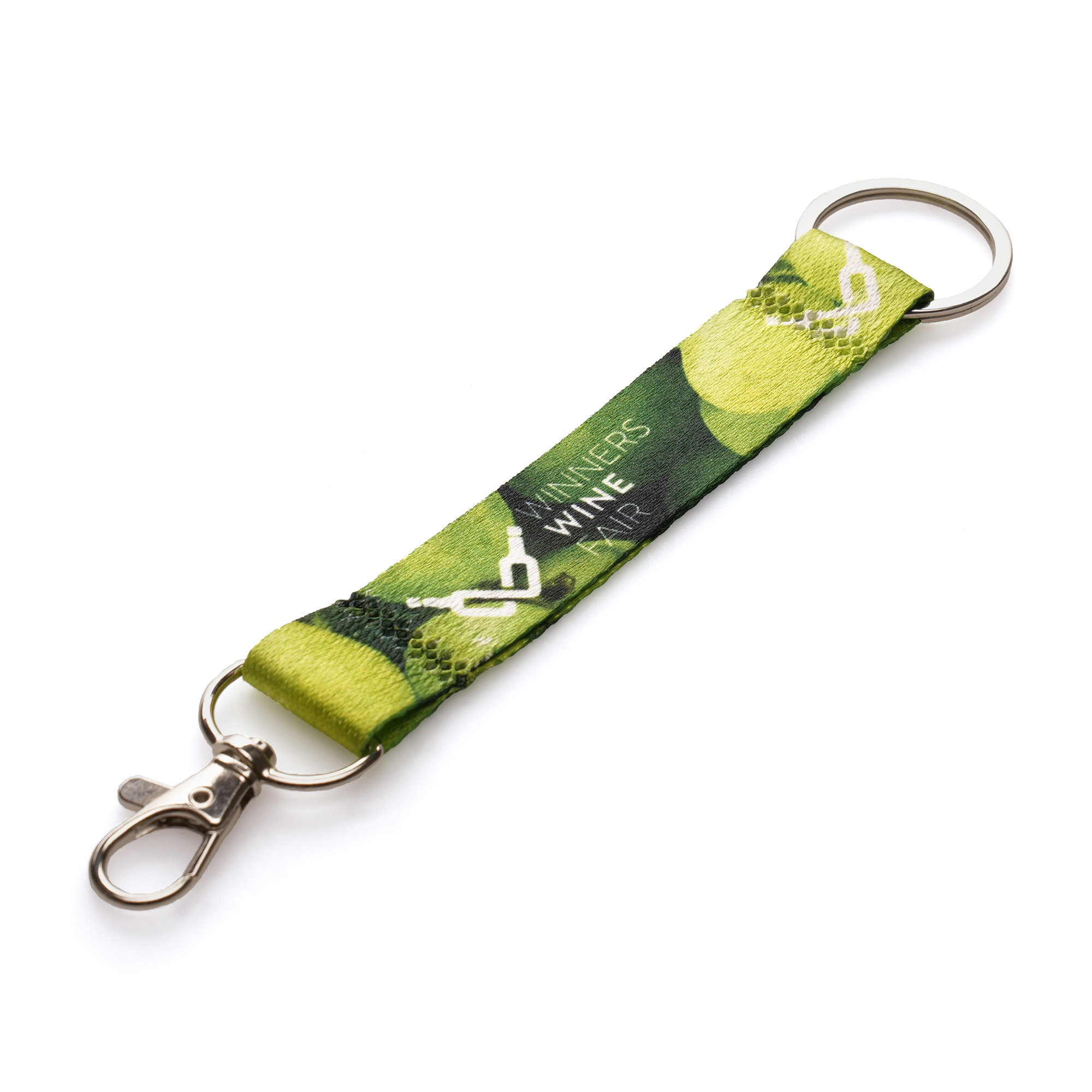 Eco-friendly RPET lanyard keyring with full colour dye sublimation to one or both sides, comes with metal clip and split ring attachment.