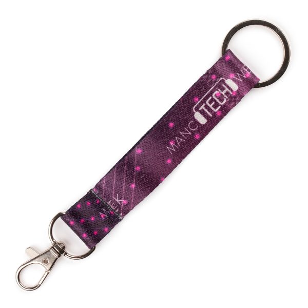 Eco-friendly RPET lanyard keyring with full colour dye sublimation to one or both sides, comes with metal clip and split ring attachment.