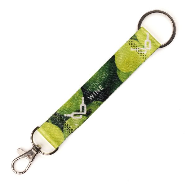 Eco-friendly RPET lanyard keyring with full colour dye sublimation to one or both sides, comes with metal clip and split ring attachment.