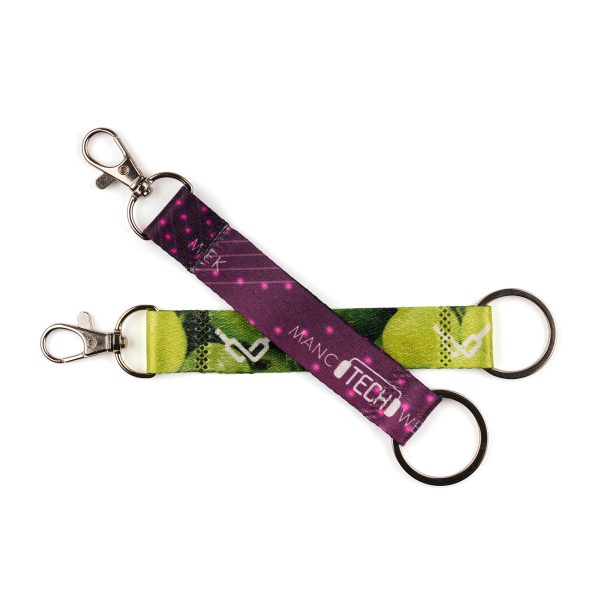 Eco-friendly RPET lanyard keyring with full colour dye sublimation to one or both sides, comes with metal clip and split ring attachment.