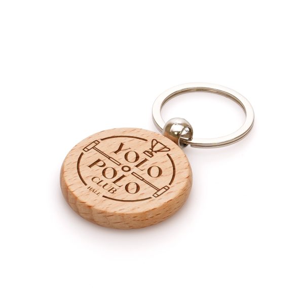 40mm diameter circular beech wooden keyring with silver split ring attachment.