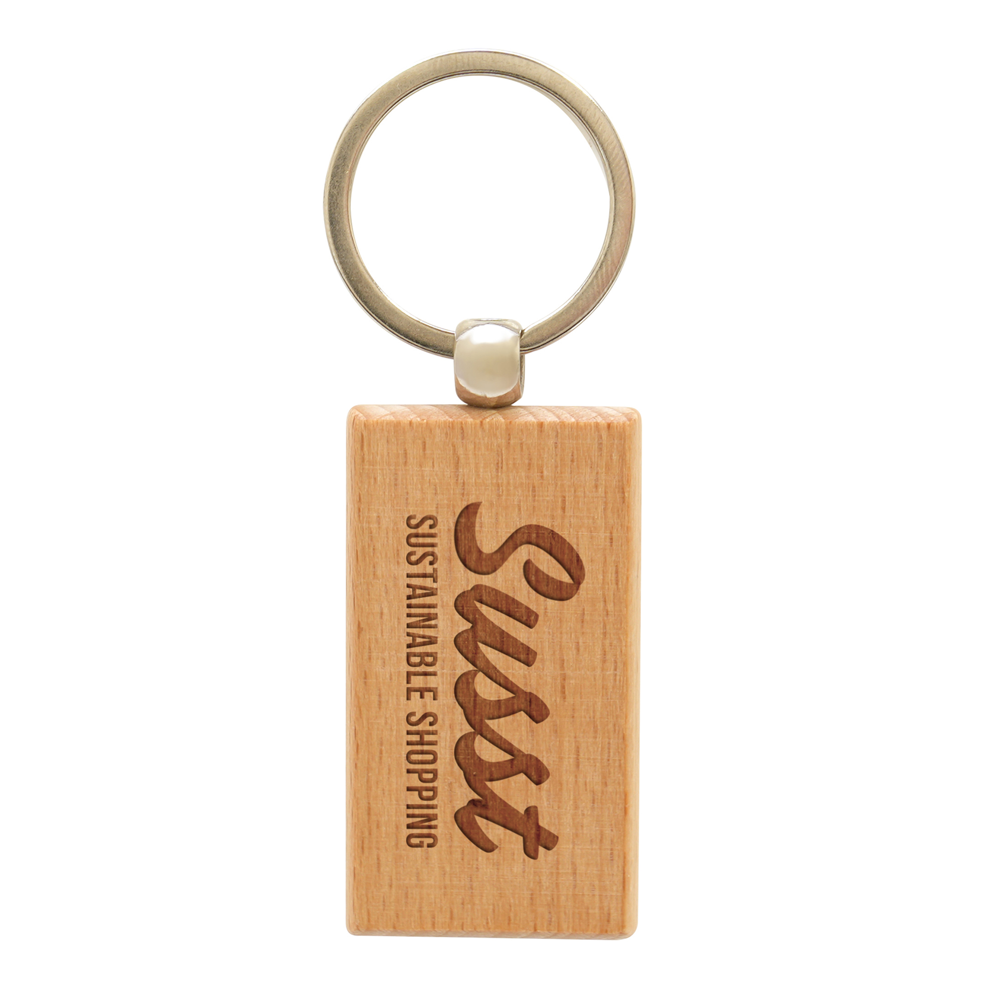 Beech wooden rectangular keyring with silver split ring attachment