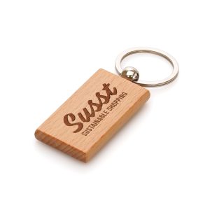 Beech wooden rectangular keyring with silver split ring attachment